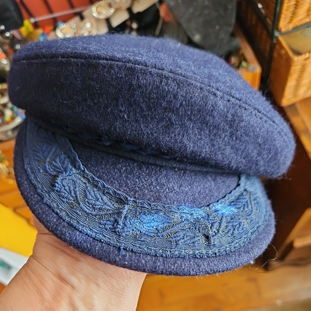 Navy Wool Greek Fisherman Size Medium Sailor Cap with Embroidered Trim